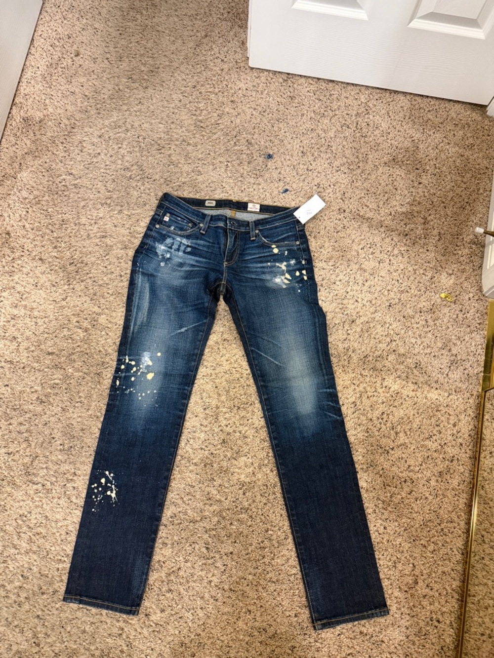 Ag Adriano Goldschmied Indigo Straight Leg Jeans with Paint Splatter